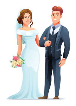 Wedding couple character of man and woman just married. Happy bridegroom in wedding dress with bouquet