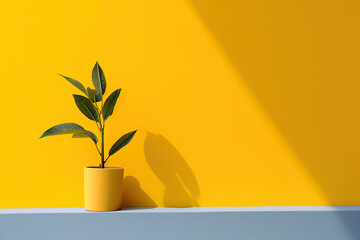 Minimalist plant background Bright green branch is lying on a yellow background Flat lay Modern minimalistic mockup with empty space