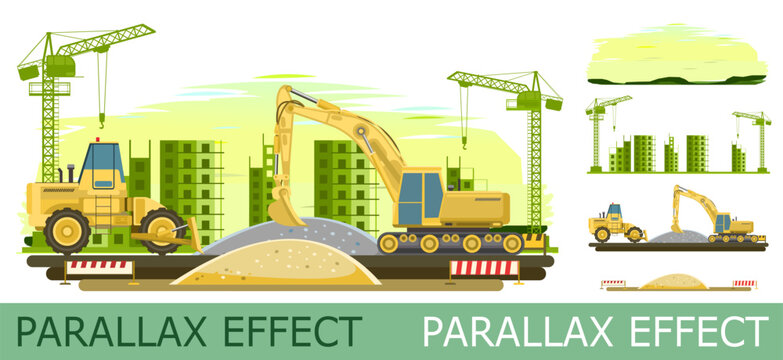 Construction of microdistrict of city. Tractors and excavators. set of slides create parallax image layer. Cartoon style. Isolated on white background. Vector.