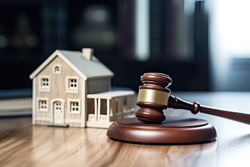 A detailed shot of a miniature wooden house and a judges gavel placed on a table inside a courtroom representing the legal aspects of real estate law, including the division of property and land in
