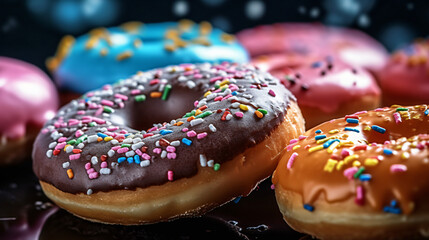 Closeup of donuts with sprinkles. Food Background. Generative Ai.