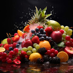 Fresh fruits assorted fruits colorful background.Vitamins natural nutrition + incredibly detailed, sharpen, details + professional lighting, film lighting + lightroom + cinematography + artstation	