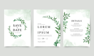 Set of wedding invitation templates with watercolor greenery