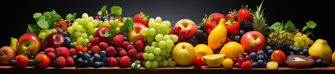 Fresh fruits assorted fruits colorful background.Vitamins natural nutrition + incredibly detailed, sharpen, details + professional lighting, film lighting + lightroom + cinematography + artstation	