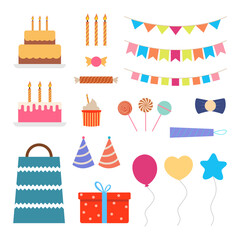Collection of various festive elements for a birthday party. Colorful birthday ornaments equipment set line art in flat elements style isolated on white background.