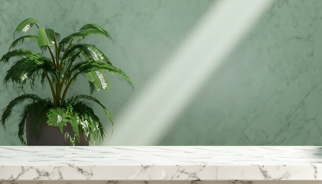 White Marble branch of Plant in Pot with shadow on tile wall, wood table, copy space. © Pikbundle