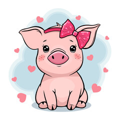 Fototapeta premium Cute baby pig girl with a bow character on white background. Vector illustration.