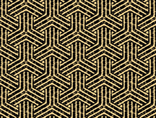 Abstract geometric pattern with stripes, lines. Seamless vector background. Gold and black ornament. Simple lattice graphic design