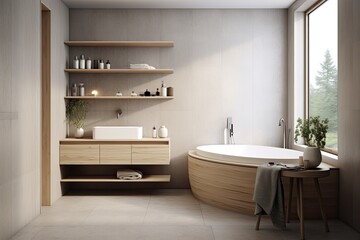 Fototapeta na wymiar A contemporary Scandinavian style bathroom with a minimalistic design.