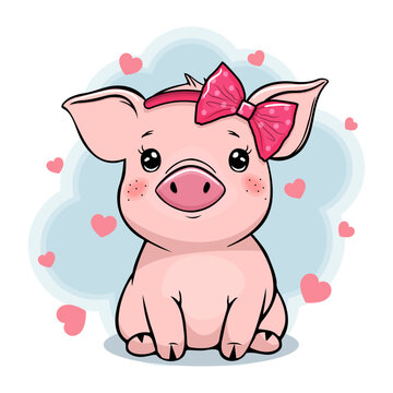 Cute baby pig girl with a bow character on white background. Vector illustration.
