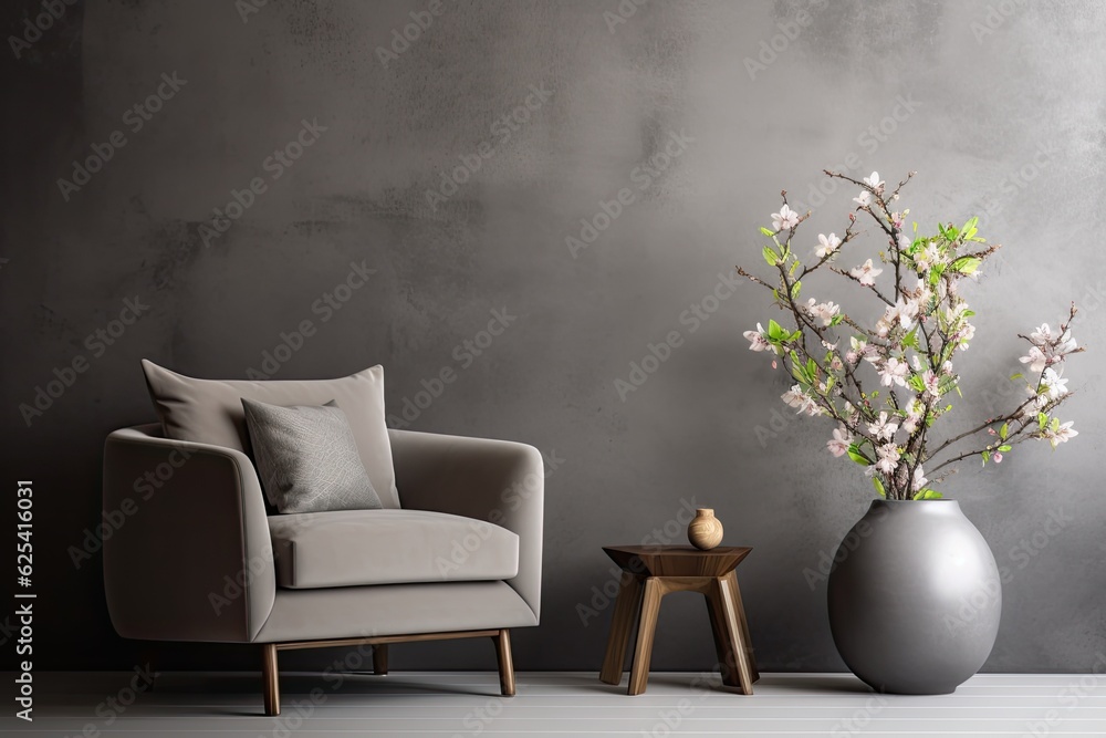 Canvas Prints A real image showcasing a natural living room interior, featuring a wide view of an armchair and a gray sofa, accompanied by beautiful flowers.