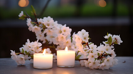 Obraz na płótnie Canvas White flowering branch and 3 white candle