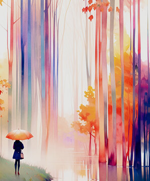 rainy autumn in the rainbow park watercolor girl with umbrella 