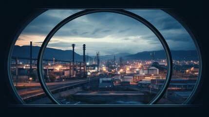 a large circular window overlooking a sprawling manufacturing plant, the window frames the bustling industrial scene.