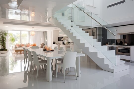 A kitchen and dining room that are both white in color, featuring an epoxy floor with a glossy white finish. The staircase leading to the upper level is made of wood.