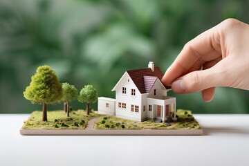 The image depicts the concept of real estate, portrayed by a hand holding a miniature house while a location pin is placed nearby. The background of the image is white.