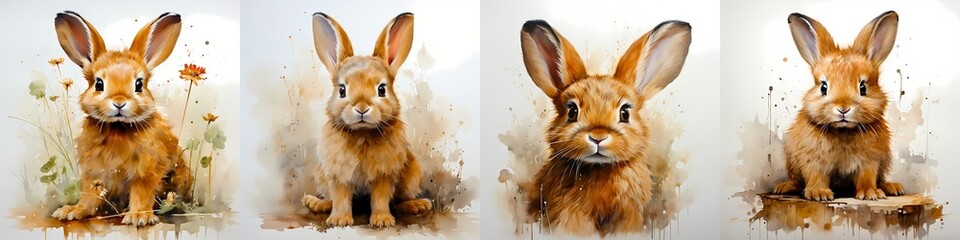 Four (4) set of bunny rabbits, water color, cute rabbits, brown and white, Generative AI