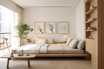 This small condominium interior design adopts a minimalistic Japanese aesthetic, featuring a bedroom and sofa area styled in white and wood.