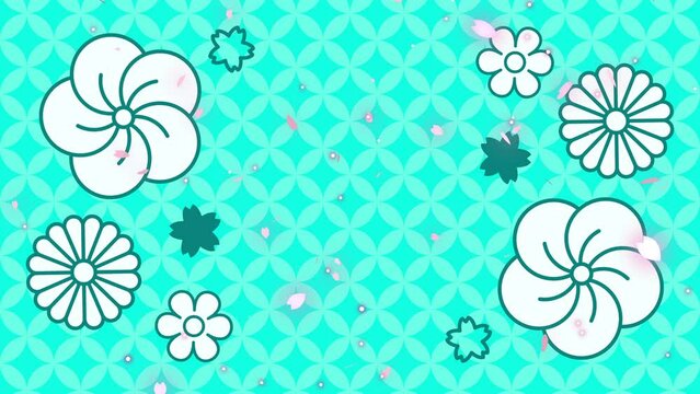 和風な花の背景（水色）　七宝の和柄に桜吹雪が舞うアニメーション