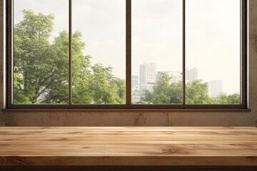 This background features a room with an empty wooden table and a window, perfect for interior decoration. It can be used to showcase or combine your products into a visual montage. It serves as a mock