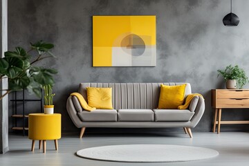 In a trendy living room, there is a grey couch adorned with cushions, accompanied by a wooden coffee table and a yellow chair placed in front of it.