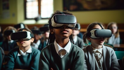 A child in a classroom all students wearing Virtual Reality headsets created by Generative AI