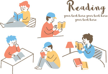 色々な場所で読書をする少年たちのセット_色