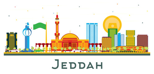 Jeddah Saudi Arabia City Skyline with Color Buildings Isolated on White.