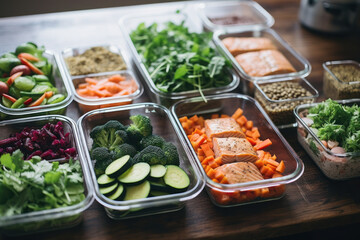 A person doing meal prep with containers filled with healthy food for the week.