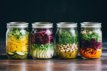 Preserving jars with various salads.