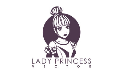 Vector young beautiful kawaii cute big-eyed teen girl princess. Cartoon anime lady. Logo or emblem. White isolated background.