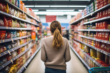woman shopping in supermarket - obrazy, fototapety, plakaty