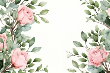 Watercolor floral frame border with leaves and roses - obrazy, fototapety, plakaty