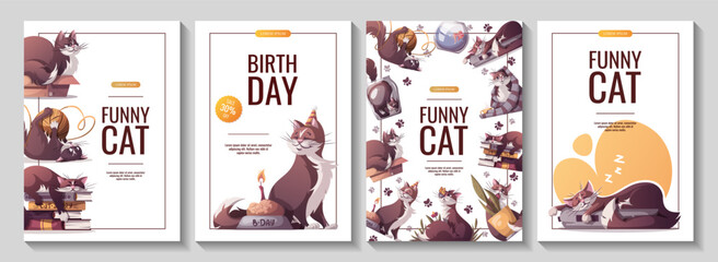 Set of flyers with funny cats. Pet, kitty, domestic life, animal concept. Vector illustration for banner, promo, sale.