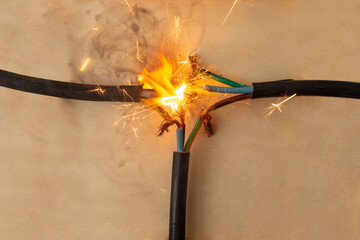 flame smoke and sparks on three  electrical cables faulty connection, on wooden background, fire...