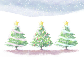 水彩の星空の下にクリスマスツリーが並んだイラスト