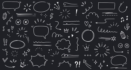 Line highlight brush, text emphasis, underline brush on chalkboard background. Hand drawn scribble highlight, arrow, star sparkle. Text underline drawn, cloud speech bubble. Vector illustration.