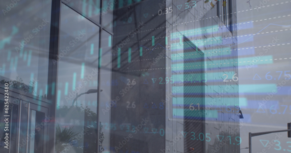 Poster the image features a tall grey office building on a cloudy day, with image of financial data and gra