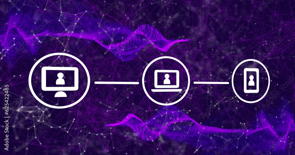 Poster Composite of network with icons and data processing over purple background