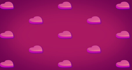 Composite of rows of pink hearts pattern on red background