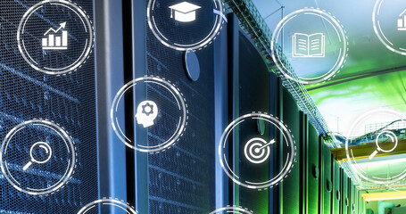 Composite of icons and data processing over computer servers