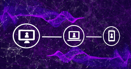 Composite of network with icons and data processing over purple background