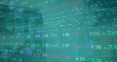 Composite of financial data processing over cityscape