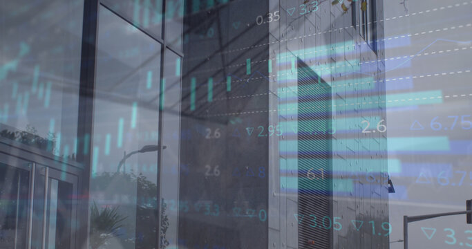 The image features a tall grey office building on a cloudy day, with image of financial data and gra - Powered by Adobe