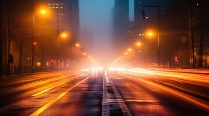 A dramatic foggy or misty road with colorful light from traffic cars through city in the morning sunrise.