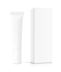Blank plastic tube with box mockup. Vector illustration isolated on white background. Can be use for your design, advertising, promo and etc. EPS10. 