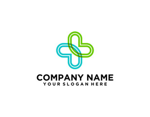 Modern Healthcare Medical Logo. Blue and Green Geometric Linear Rounded Cross Sign Health Icon Infinity Style isolated on Dark Background. Flat Vector Logo Design Template Element.