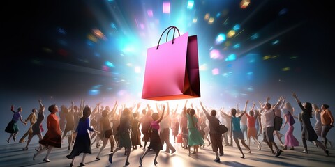 Crowd reaching to a big shopping bag, generative ai
