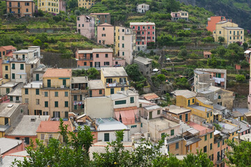 Obraz premium Cinque Terre, Italy - balconies and roofs of colorful houses in Riomaggiore, a seaside town on the Italian Riviera. Summer travel vacation background. Postcard from Europe. Italian architecture.