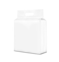 Stand bag with handle mockup. Vector illustration isolated on white background. Half side view. Suite for the presentation of diaper, wet wipes, foods, household, etc. EPS10.	